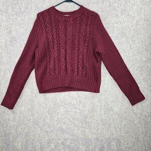 Loft Womens Cable Knit Sweater Red XL Acrylic Blend Long Sleeve Crewneck Buttons